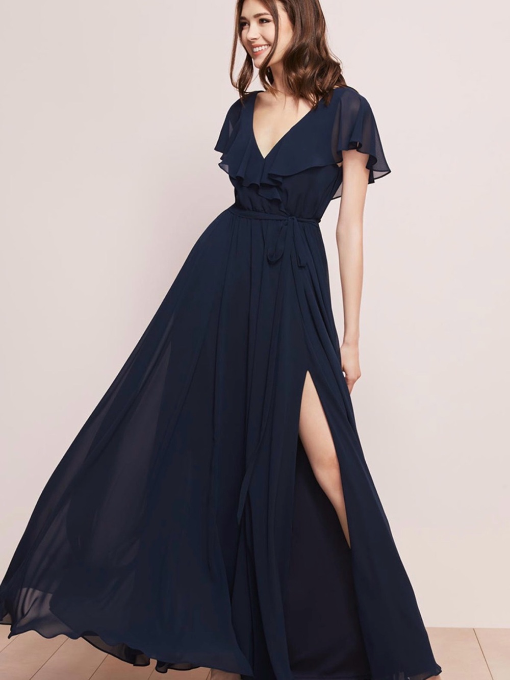 Wtoo Navy Ruffle V-Neck Maxi with Side Slit